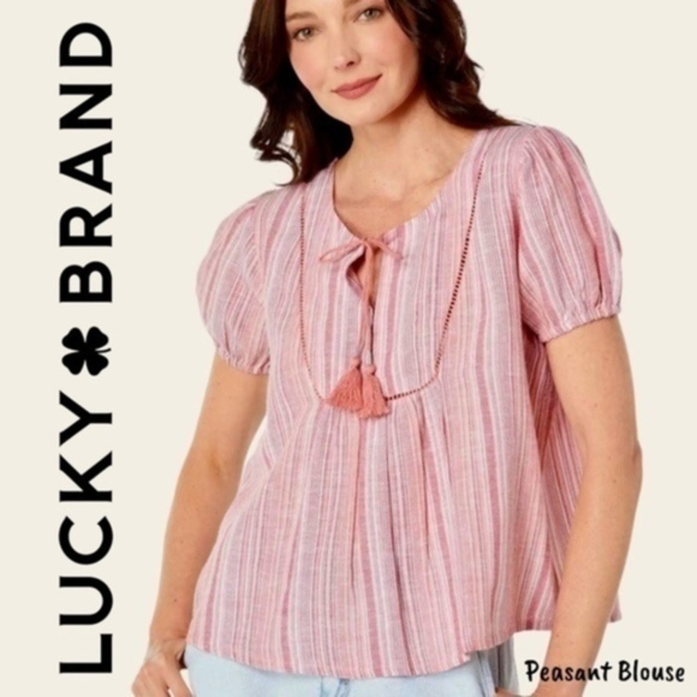 LUCKY BRAND Open Neck Embroidered Short Sleeve Peasant Blouse-Pink Stripe/XL/NWT